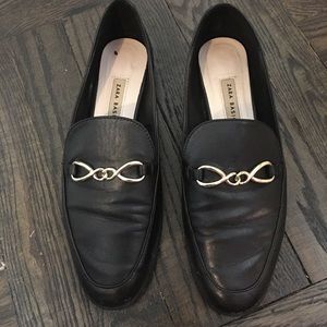 Black leather loafers flats with gold chain